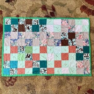 VTG Handmade Patchwork Square Color Block Quilt Green Back 72"x48" Twin Blanket